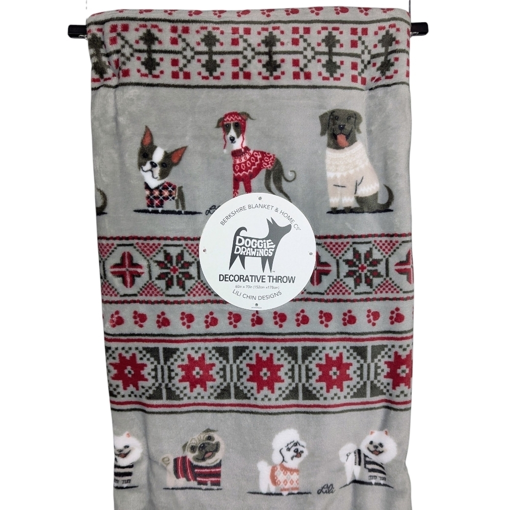 Winter Dog Print Various Breeds Sweaters Plush Throw Blanket 60" x 80" Grey NWT